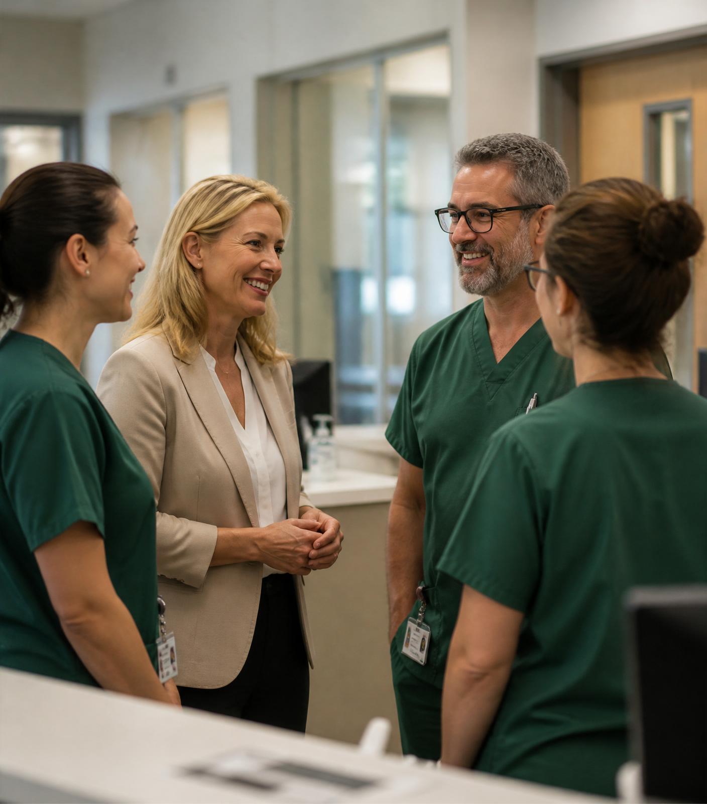 Clinicians and an administrator in conversation at a hospital nurses' station.