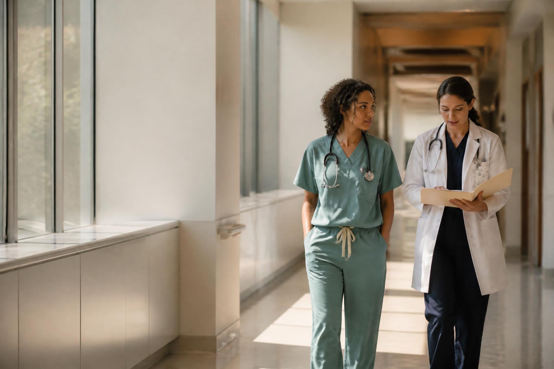 Two clinicians walking through a sunlit hospital corridor, reviewing a chart.